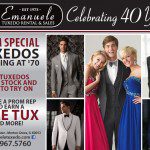 Tuxedo rental ad featuring prom couples