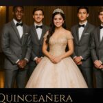 Formal gown and four tuxedoed escorts